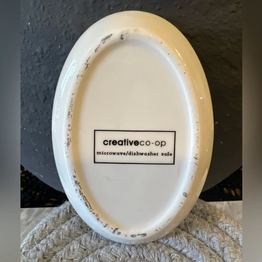 Creative Co-op Small White With Flower Graphic Ceramic Trinket Dish